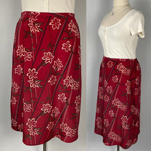 Y2K Midi Skirt Size XL Red Floral Print Tropical Boho Lightweight Vtg Whimsigoth